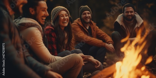 People laughing together at a camp bonfire.