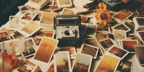 A collage of vintage polaroid photos spread out on a table with a vintage camera. photo