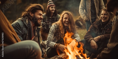 People laughing together at a camp bonfire.