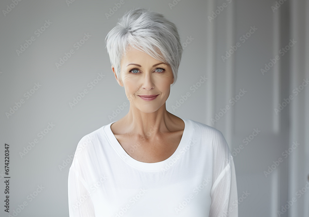 Confident and Attractive Mature Woman with Short White Hair in White Blouse Confident and Attractive Mature Woman with Short White Hair in White Blouse