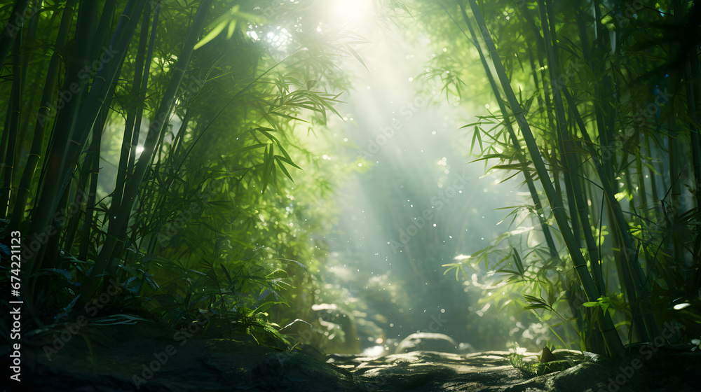 Lush bamboo forest, where sunlight filters through the dense canopy, creating a serene and mystical atmosphere. Ai Generated.NO.02