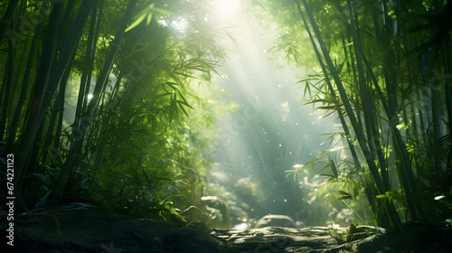 Lush bamboo forest  where sunlight filters through the dense canopy  creating a serene and mystical atmosphere. Ai Generated.NO.02
