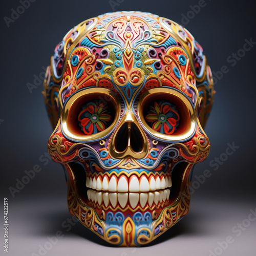 3D colorful mexican skull, Generate AI.