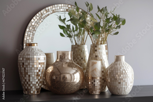 Beige and golden mosaic vases. Generative AI