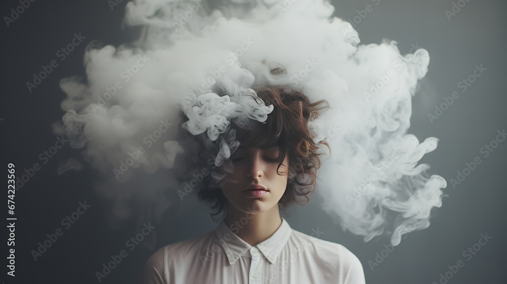 A young woman surrounded by a misty cloud representing depression, addiction, loneliness, and poor mental health, generative ai