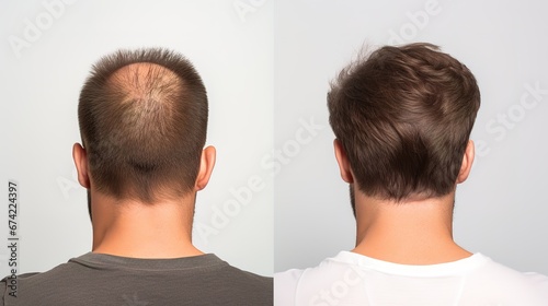men with front view, comparison of hair before and after transplantation.
