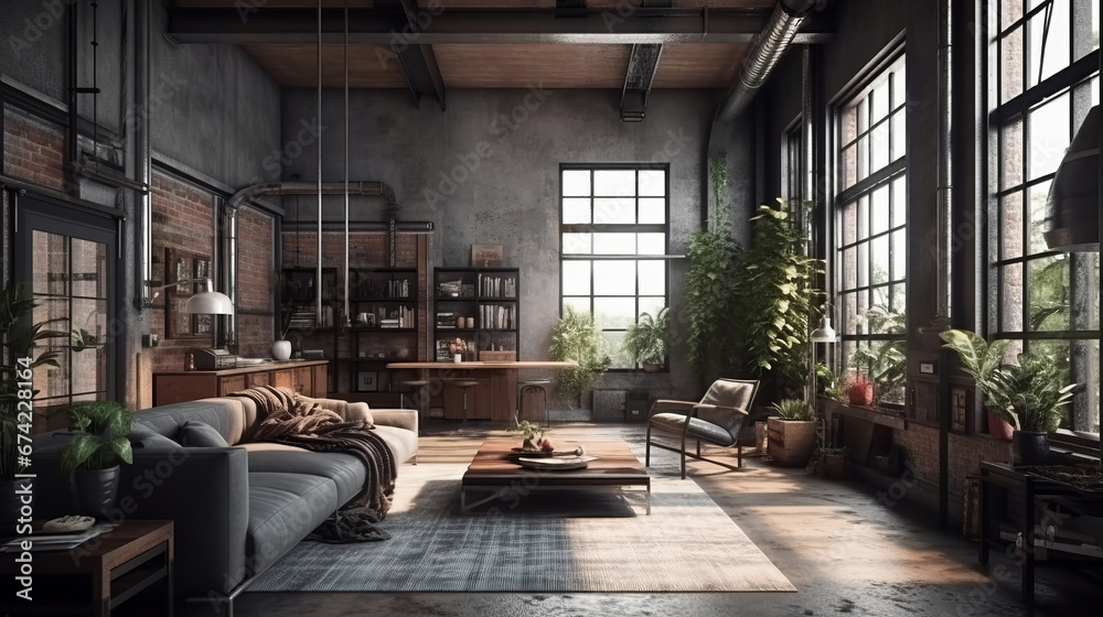Living room interior in loft, industrial style with plants, 3d render. Decor concept. Real estate concept. Art concept.
