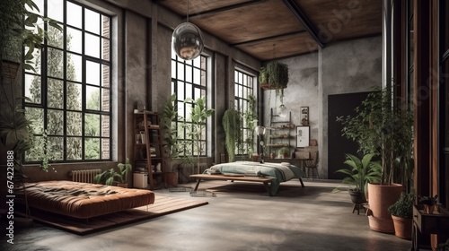 Living room interior in loft  industrial style with plants  3d render. Decor concept. Real estate concept. Art concept.