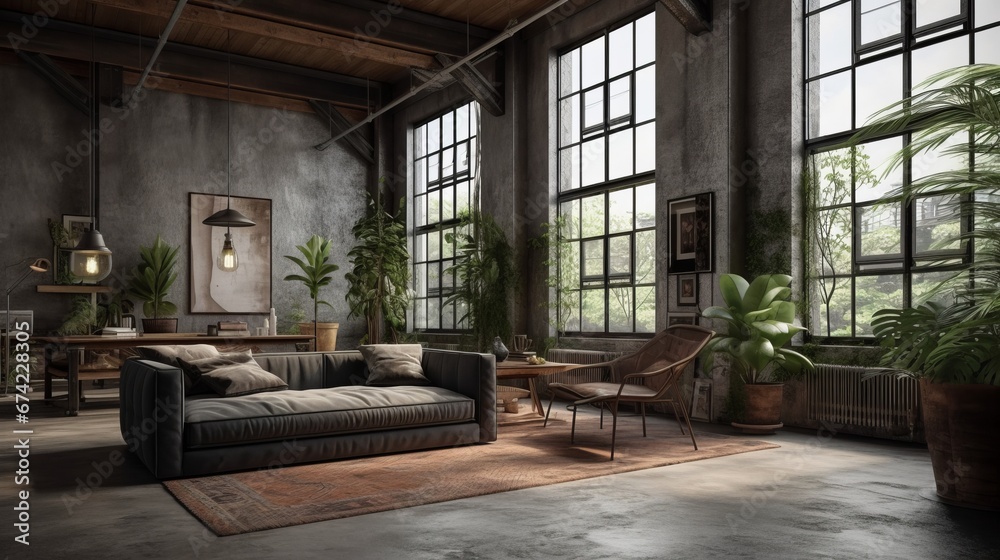Living room interior in loft, industrial style with plants, 3d render. Decor concept. Real estate concept. Art concept.
