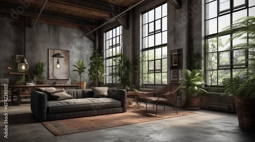 Living room interior in loft, industrial style with plants, 3d render. Decor concept. Real estate concept. Art concept. © IC Production