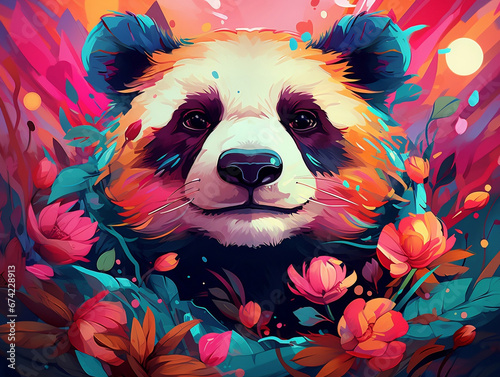 teddy bear with flowers. Portrait of a cute panda with bamboo in forest. Creative art. Watercolour illustration. 