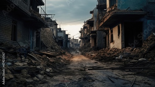 Destroyed houses in the city after the earthquake