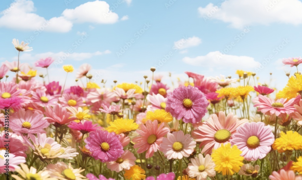Colorful cosmos flowers with blue sky and white clouds, soft focus. with free space for text. 
