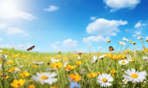 Summer meadow with daisies and butterfly. Nature background. with free space for text. 