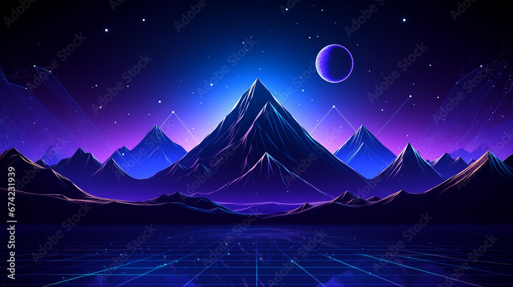 Landschaft mit Bergen im leuchtenden 80er Jahre Neon retro Farben Style. Querfromat. Generative Ai. Landschaft mit Bergen im leuchtenden 80er Jahre Neon retro Farben Style. Querfromat. Generative Ai.