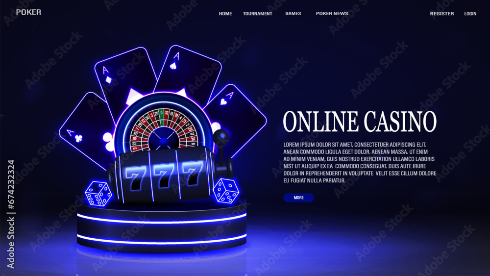 Φωτογραφία A web banner with neon bright glowing poker cards, casino roulette, slot machines and dice on a 3D podium on a blue background with text