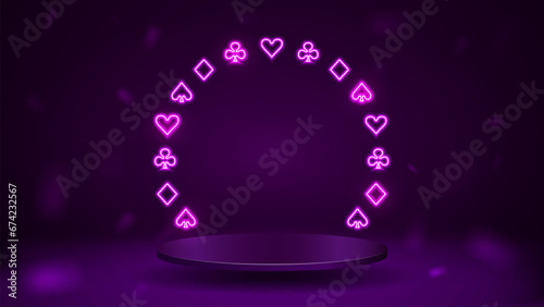 3d podium with neon frame of poker card suits in purple on a dark background.