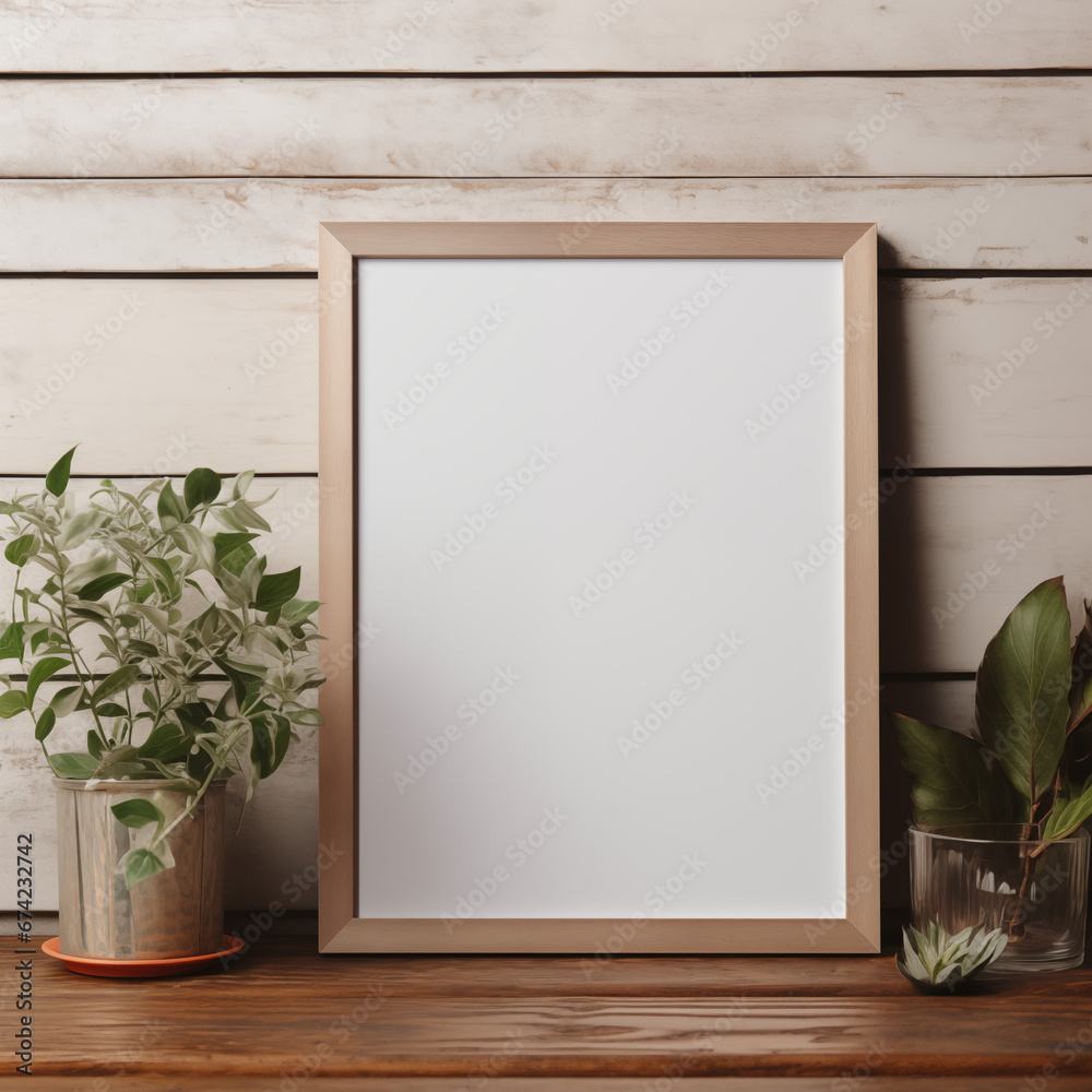 Mockup wooden frame on wooden floor in living room with Vase and branches Mockup wooden frame on wooden floor in living room with Vase and branches