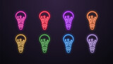 A set of neon light bulb icons with neural networks in different colors on a dark background. Logo for AI artificial intelligence.