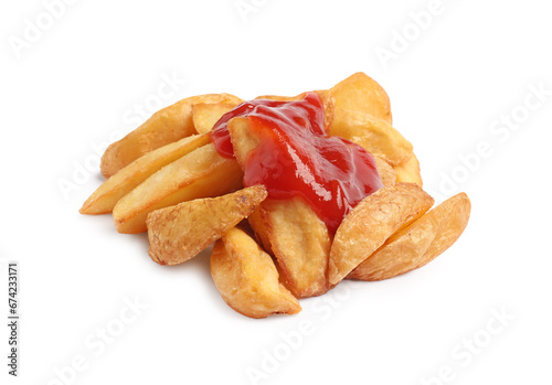 Delicious baked potato wedges with ketchup on white background