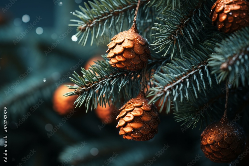 Decorations on the Christmas tree. Merry Christmas and Happy New Year concept. Background with copy space