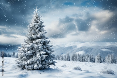 Snow-covered Christmas tree in the forest. Merry Christmas and Happy New Year concept. Background with copy space © top images