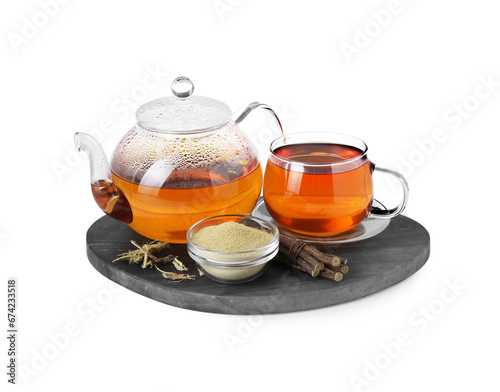 Aromatic licorice tea, dried sticks of licorice root and powder on white background