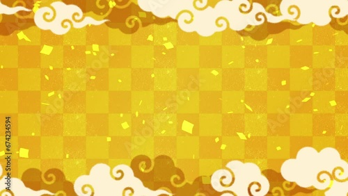 雲文様が流れる飾りのなか、金色の紙吹雪が舞うお正月のアニメーション背景　ループ素材