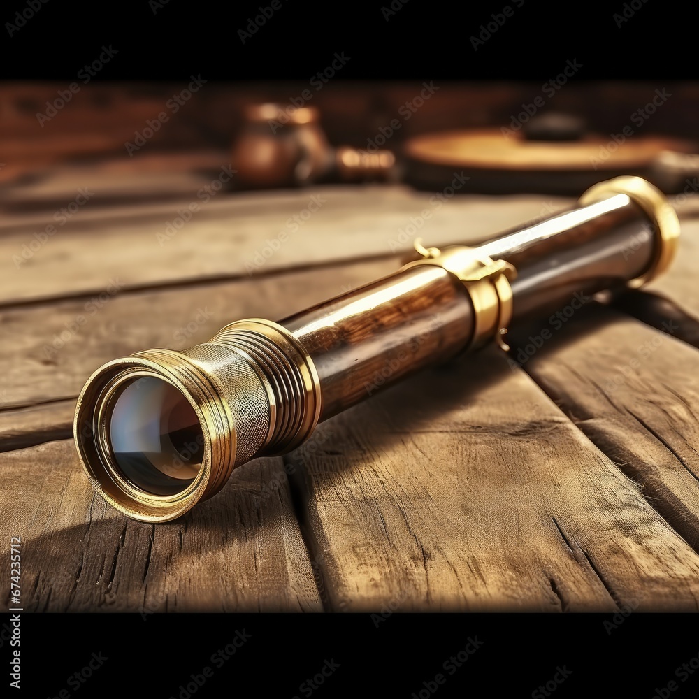 Captivating View: A Rustic Spyglass Rests on a Wooden Table, Unveiling Hidden Wonders