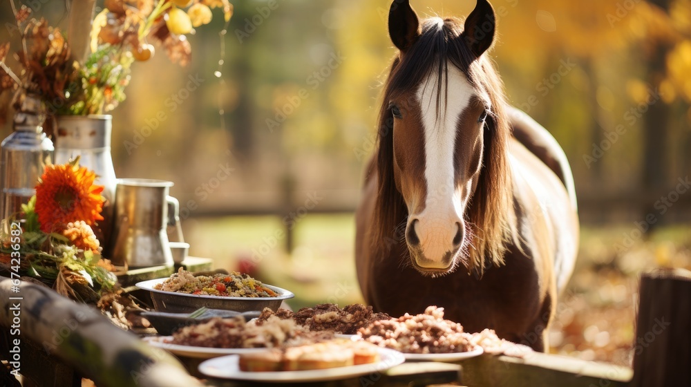 Horse Indulging in a Bountiful Thanksgiving Feast: A Captivating Photograph of Equine Enjoyment - obrazy, fototapety, plakaty 