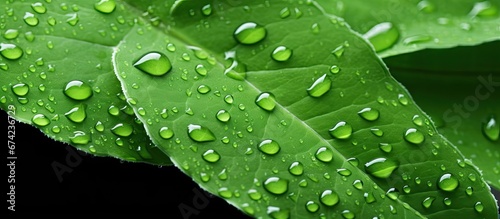 A shot taken up close showing droplets of water on a leaf that is green in color