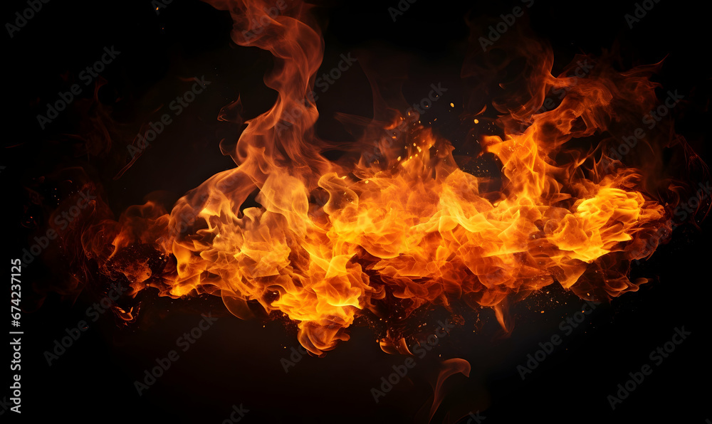 Fototapeta premium Ai generated texture of fire on a black background, fire flame, burning fire on a dark area, fire background, fire frame, fire flames background