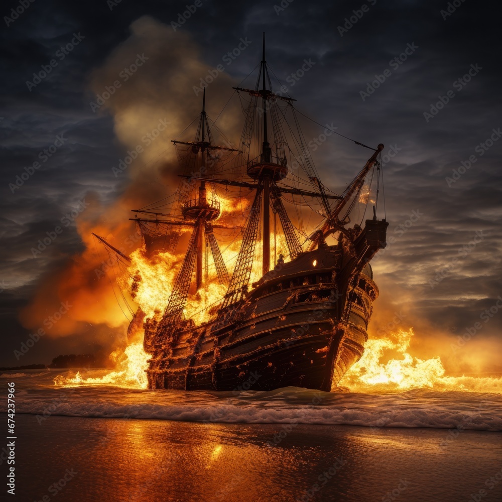 Captivating Scene: Spanish Ship Engulfed in Flames on a Beach, Embracing Black and Gold