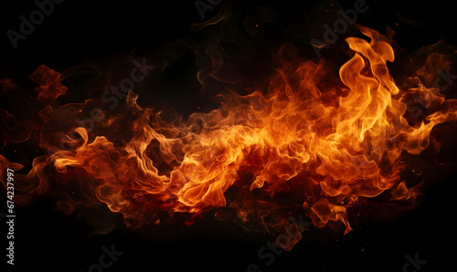 Ai generated texture of fire on a black background  fire flame  burning fire on a dark area  fire background  fire frame  fire flames background