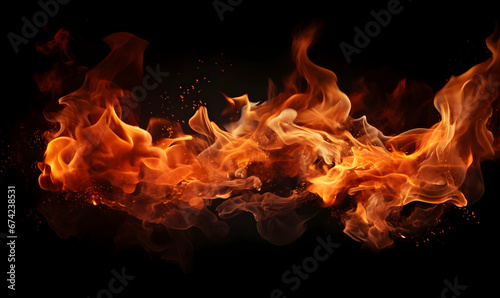 Ai generated texture of fire on a black background, fire flame, burning fire on a dark area, fire background, fire frame, fire flames background