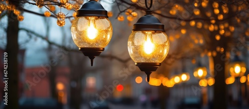 In the daytime the decorative bulbs on the urban street lighting lantern hang without illumination adding a festive touch before the holiday