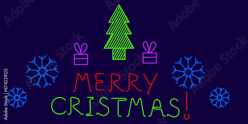 Merry Christmas. Minimalist Christmas card with Christmas trees, gifts and snowflakes.