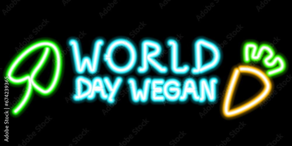 World Vegan Day. Neon sign with a leaf and a carrot on a black background. Stock vector illustration with vegetables for meat free day.