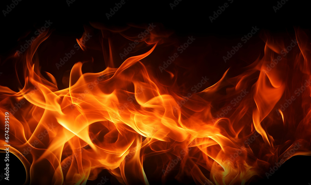 Ai generated texture of fire on a black background, fire flame, burning fire on a dark area, fire background, fire frame, fire flames background