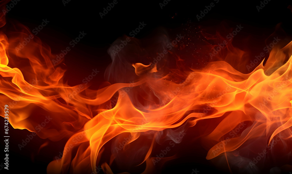 Ai generated texture of fire on a black background, fire flame, burning fire on a dark area, fire background, fire frame, fire flames background