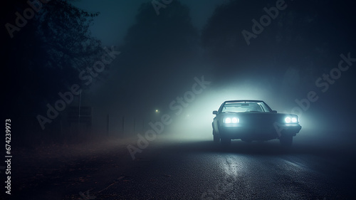 dangerous autumn road in fog and rain  slippery asphalt twilight on the highway car concept background