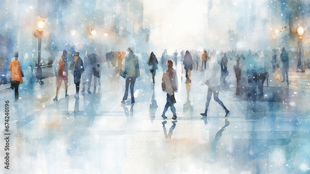 watercolor drawing urban view of society in a snowfall, winter white background blizzard, christmas card abstract city watercolor drawing urban view of society in a snowfall, winter white background blizzard, christmas card abstract city