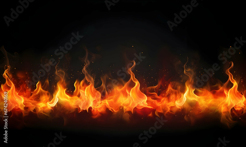 Ai generated texture of fire on a black background, fire flame, burning fire on a dark area, fire background, fire frame, fire flames background
