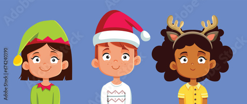Little Kids Wearing Party Hats Celebrating Christmas Vector Cartoon. Cheerful group of friends with Xmas accessories having fun
