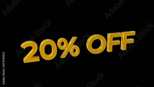 Golden 3D Sign - 20% Off for Sale promotion Banner, 3d render, isolated on black background, retail business marketing