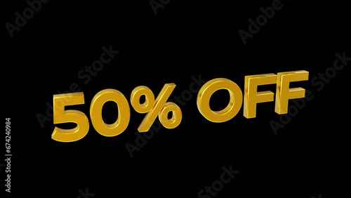 Golden 3D Sign - 50% Off for Sale promotion Banner, 3d render, isolated on black background, retail business marketing