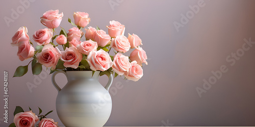 A vase of pink roses sits on a table with a pink background,  pink roses in a vase on wooden table Generative Ai © Ubaid