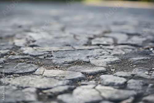 Close up view of an abandoned road, cracked and weathered surface, exterior material texture