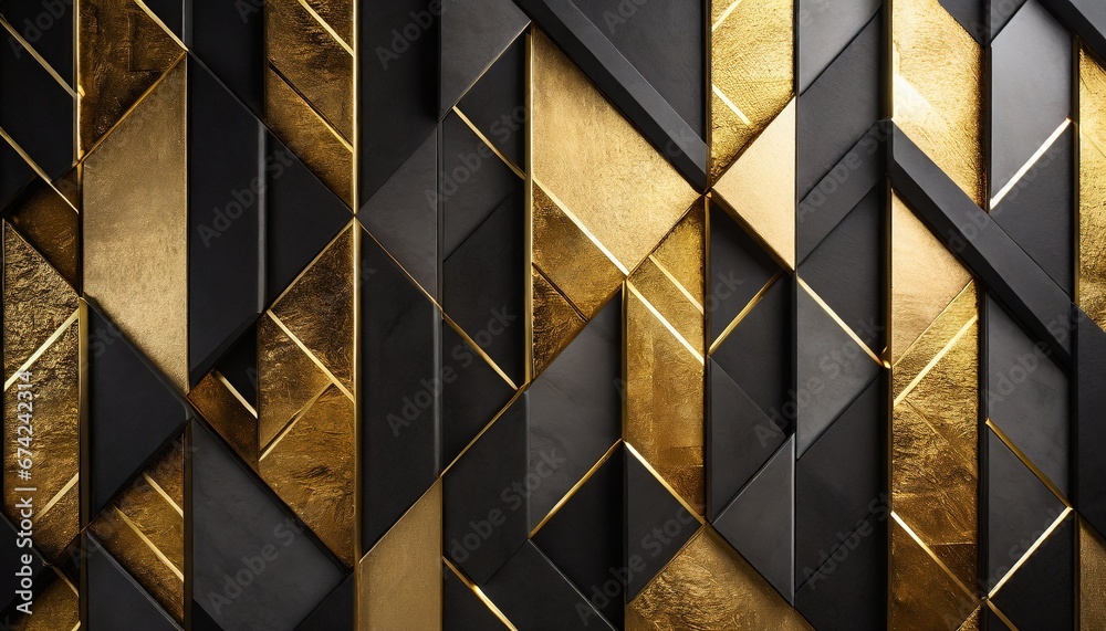  Abstract dark geometric 3D wall with gold and black textures in a luxurious pattern of squares and rectangles, elegant and contemporary, interior decor, background of gold