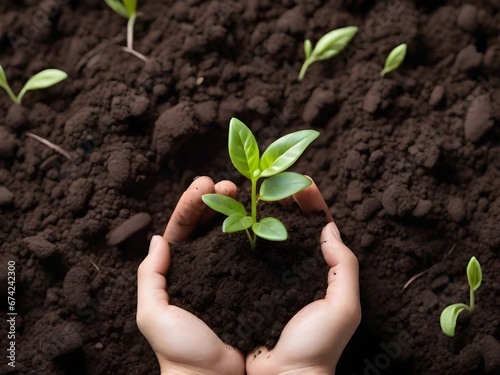 "Nature's Embrace: Hand, Soil, and Sprouting Green Plant." Hand holding a plant